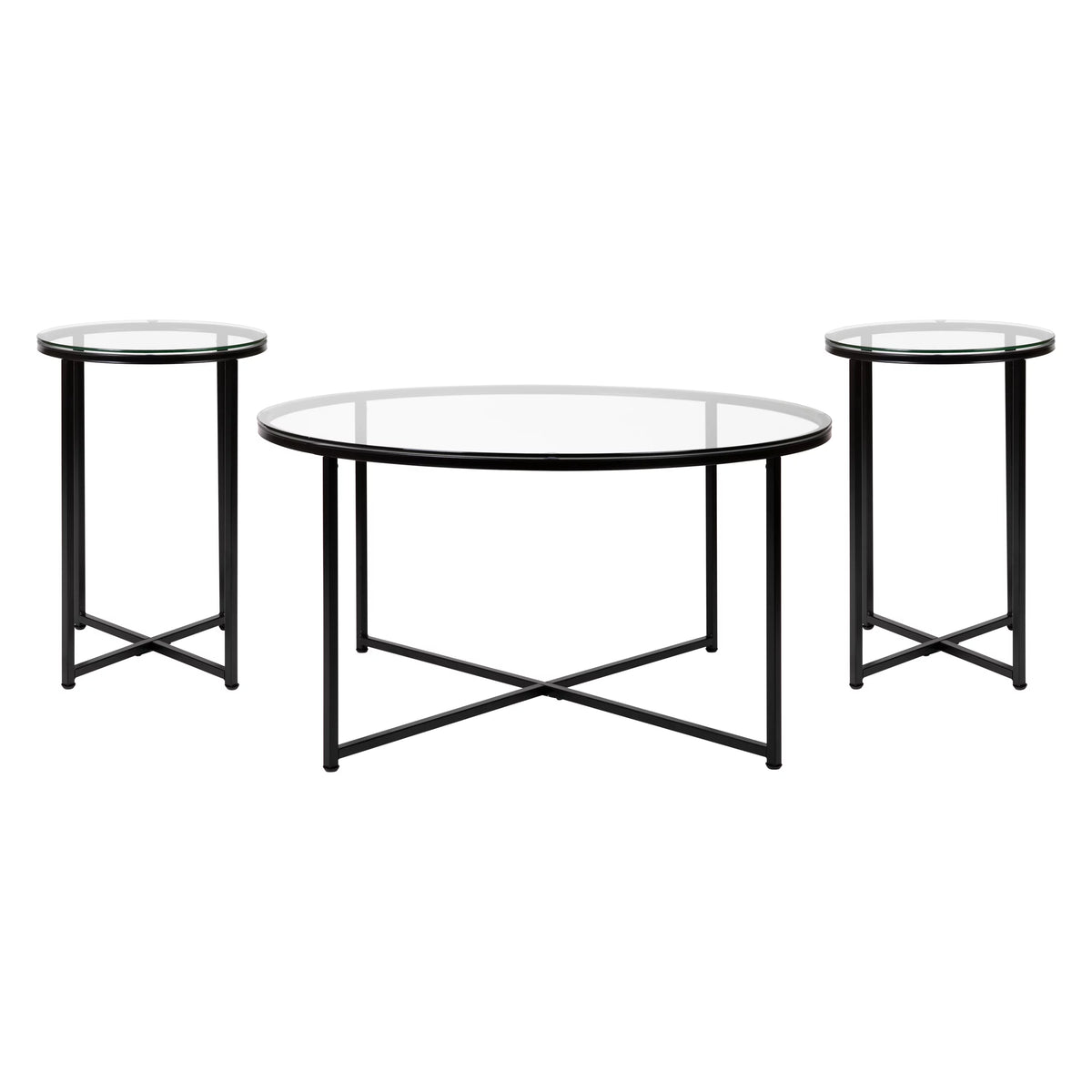 Clear Glass Table Set with Matte Black X Metal Frame, Coffee Table, 2 End Tables J2077