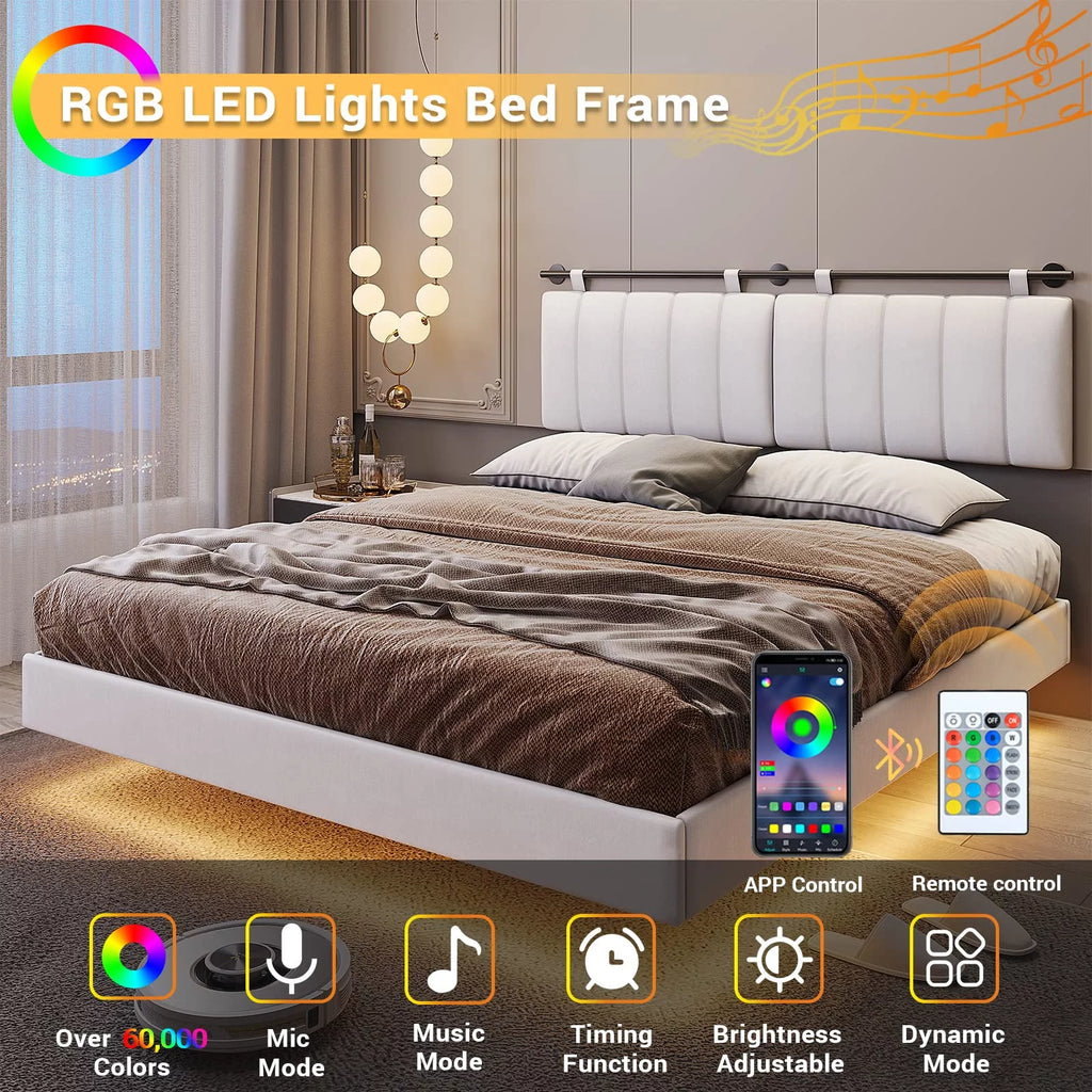 White LED Queen Bed Frame with Upholstered Headboard I29951