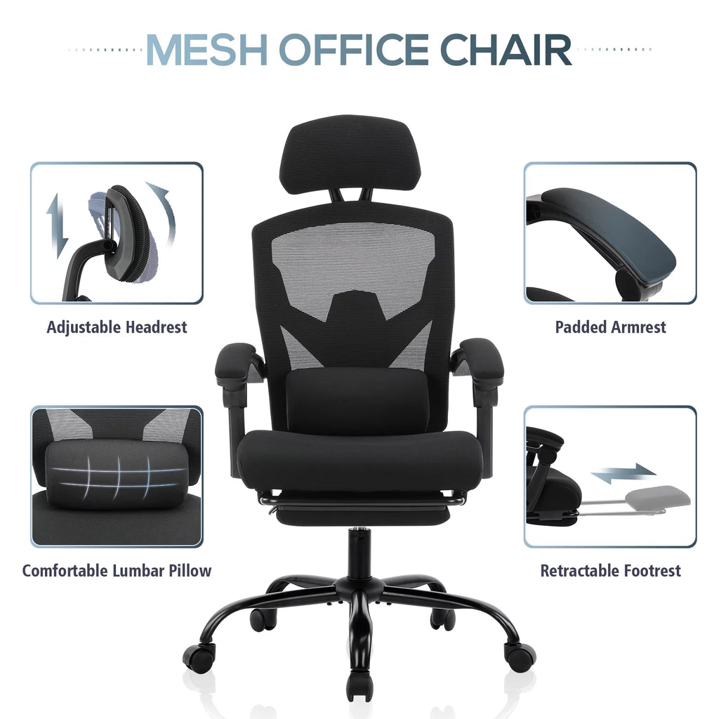 Black Ergonomic Mesh Office Chair with Footrest and Head Support S31010