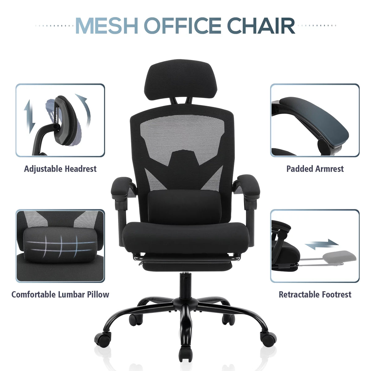 Black Ergonomic Mesh Office Chair with Footrest and Head Support S31010