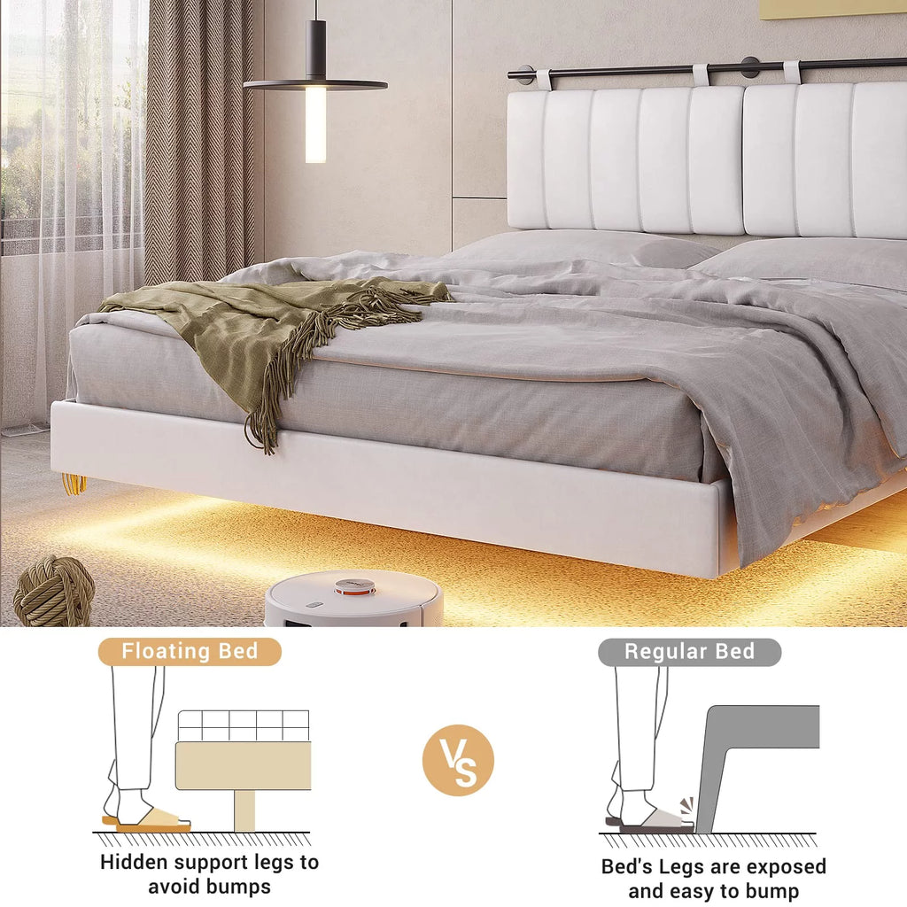 White LED Queen Bed Frame with Upholstered Headboard I29951