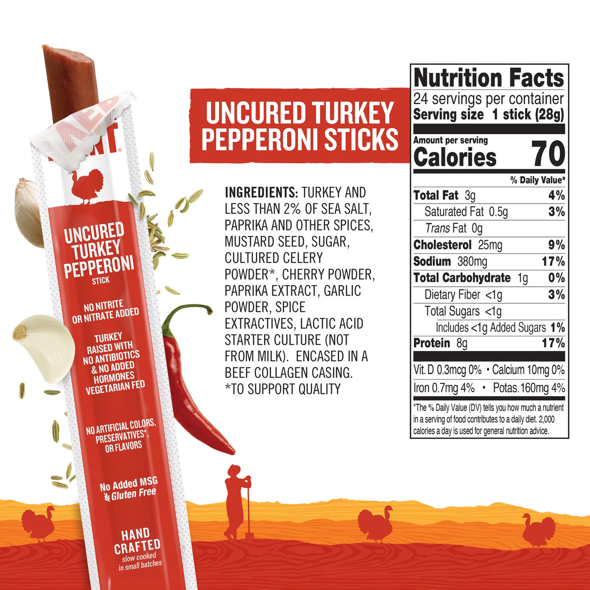 Uncured Pepperoni Turkey Meat Snack Sticks 24 Count O831039