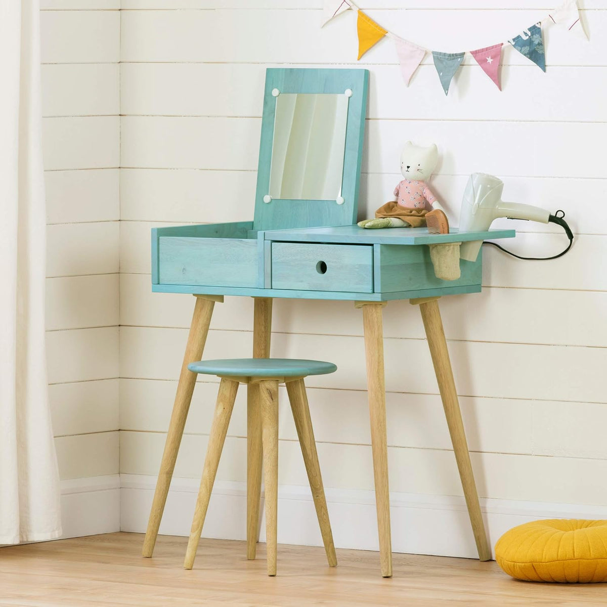 Solid Wood Vanity Table with Stool Set Blue Y702