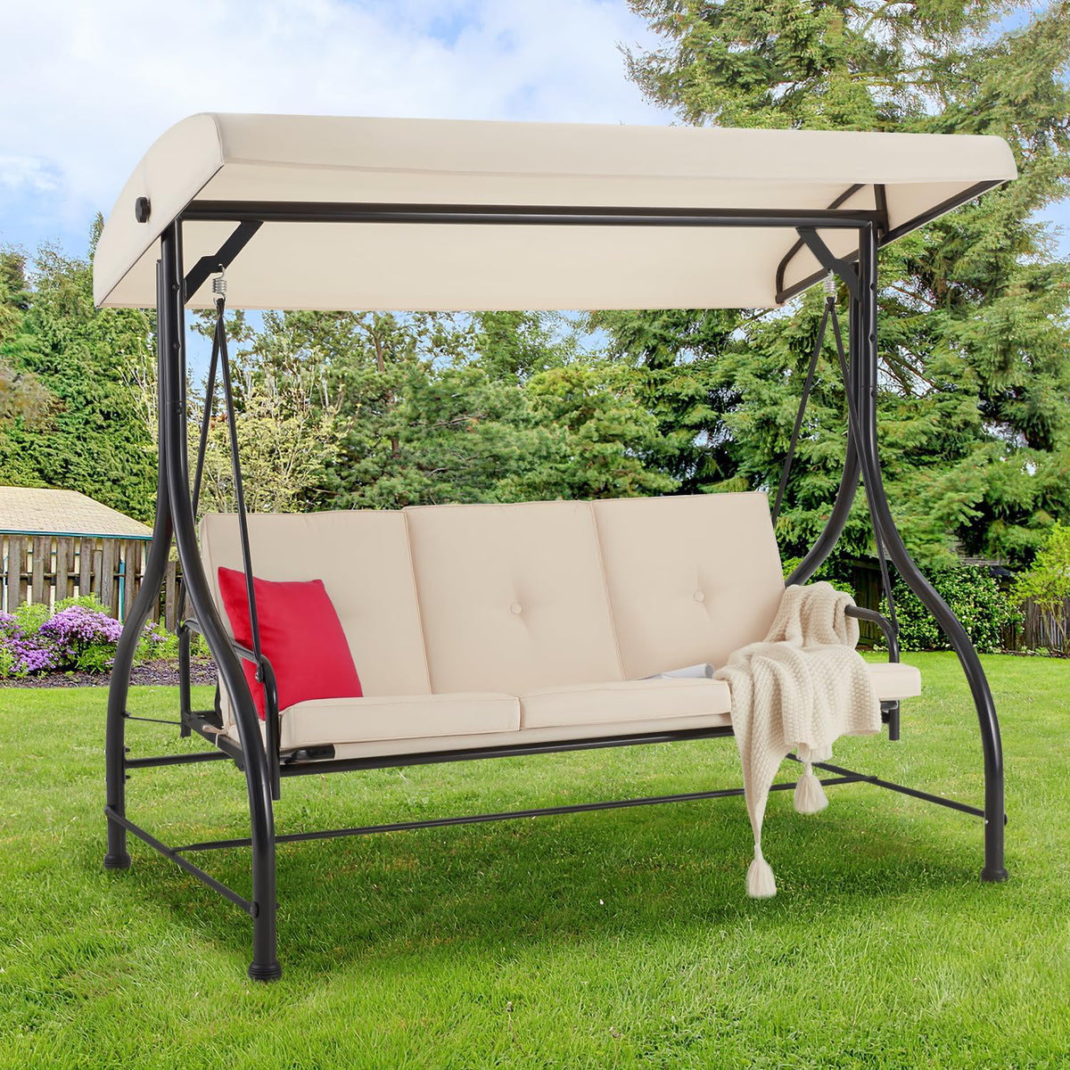 3-Seat Outdoor Porch Swing with Adjustable Backrest and Canopy U7919