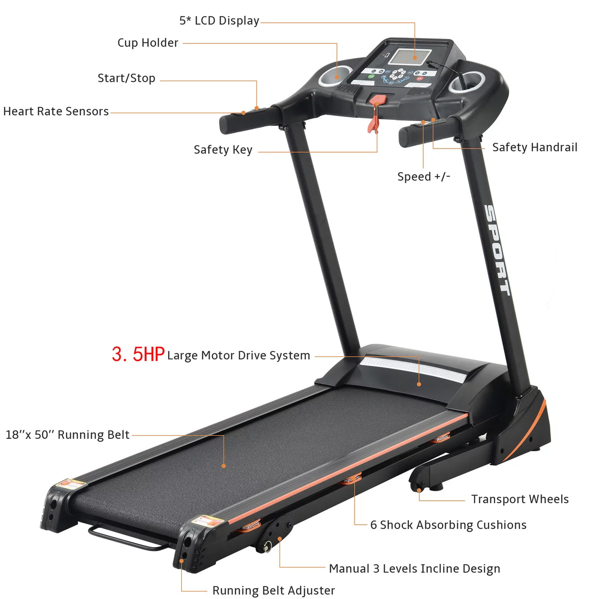 3.5 HP Folding Treadmill 330 LB Capacity Z263613