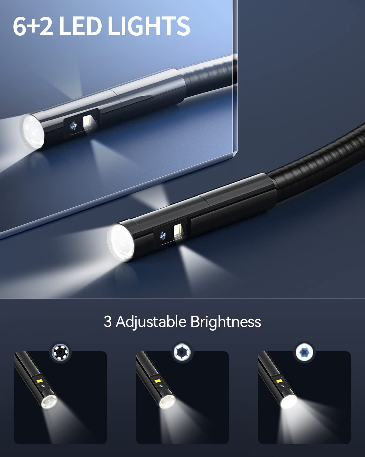 Triple-Lens Borescope Inspection Camera with Light, 16.4ft Waterproof Flexible Cable E813707