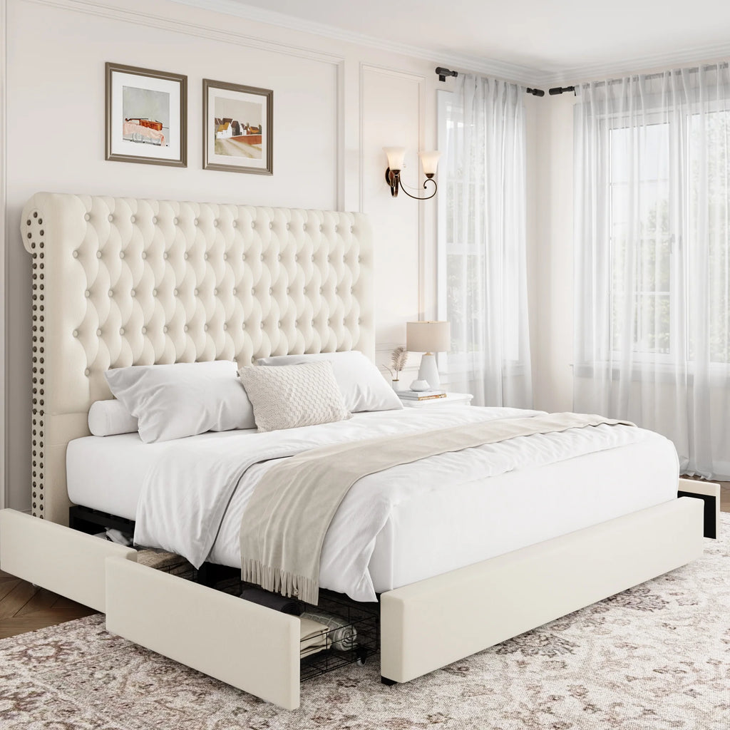 Queen Size Upholstered Storage Bed with Tall Headboard and Drawers H576