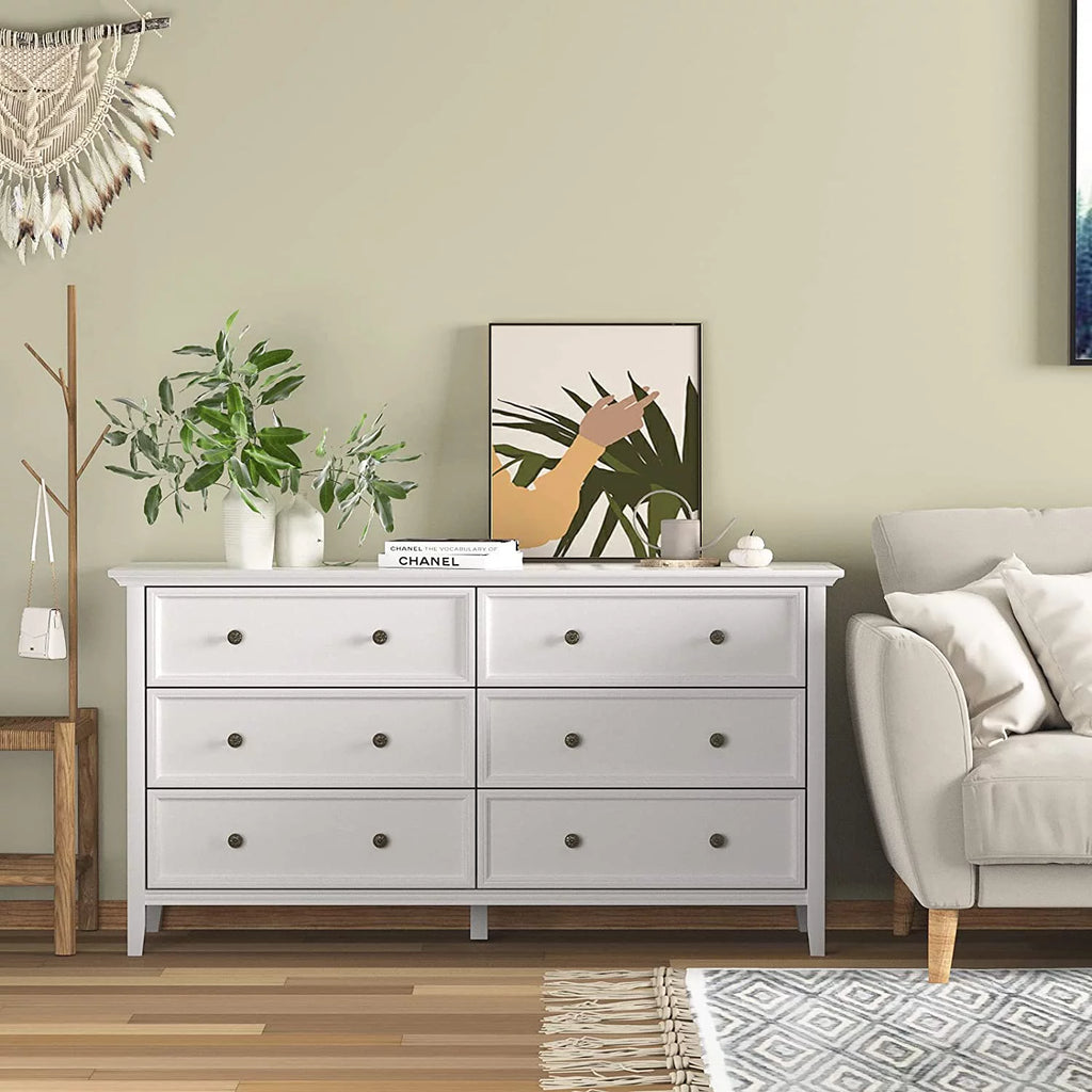 6 Drawer Double Dresser 55 inch Solid Wood White Q337476