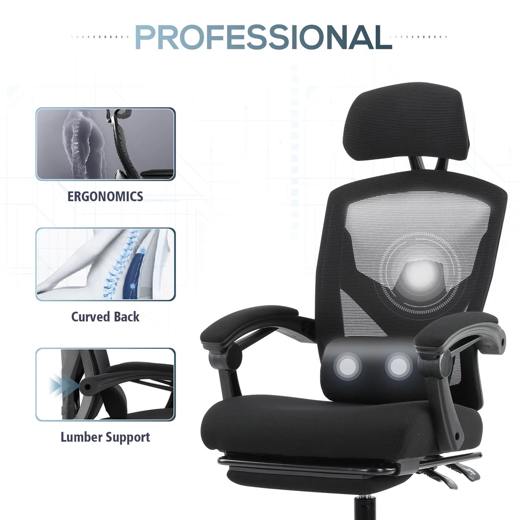 Black Ergonomic Mesh Office Chair with Footrest and Head Support S31010
