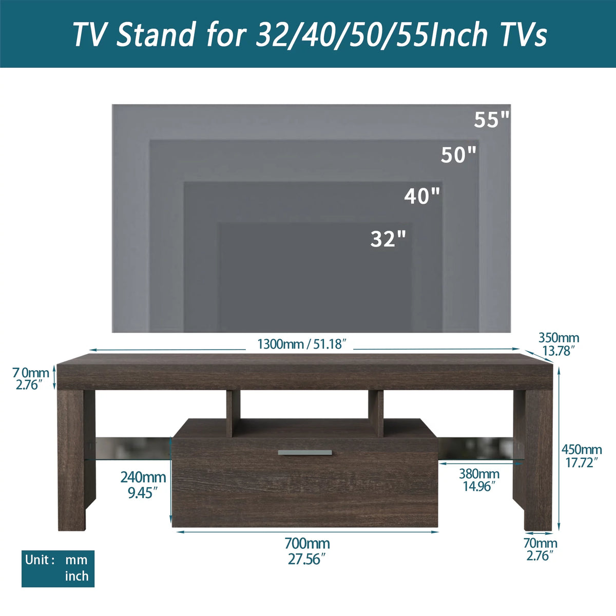 Brown TV Stand with LED Light and Storage Drawer P428