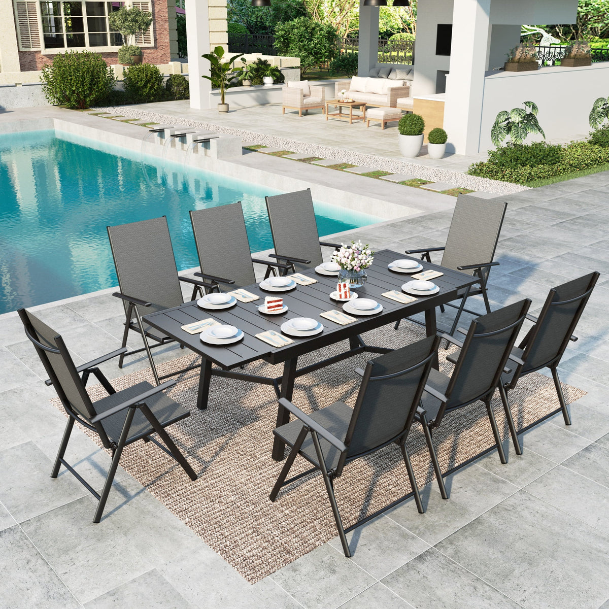 9-Piece Black Outdoor Dining Set with Expandable Table C1930