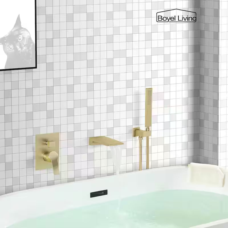 Brushed Gold Wall Mount Roman Tub Faucet with Hand Shower F9886