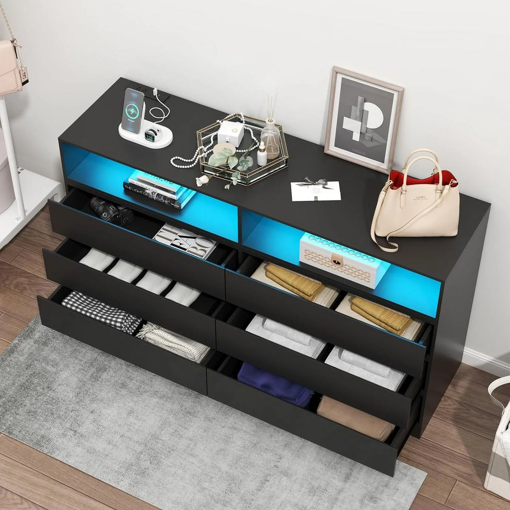 White 6 Drawer Double Dresser with Power Outlet and LED Light C8249