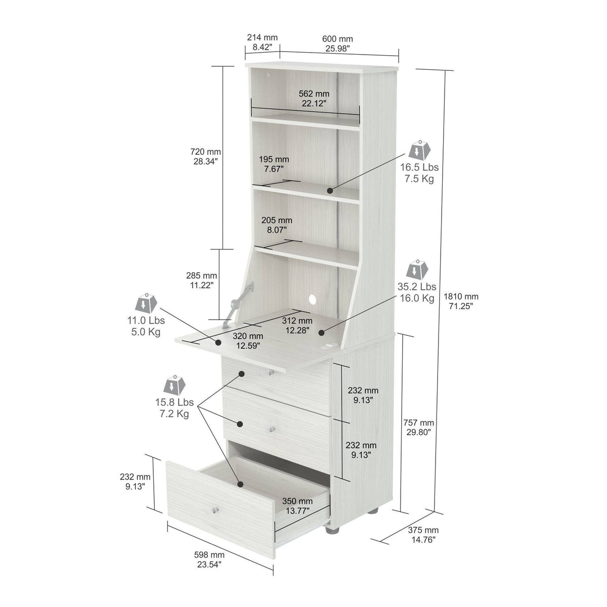 Washed Oak 3-Shelf Bookcase D875709