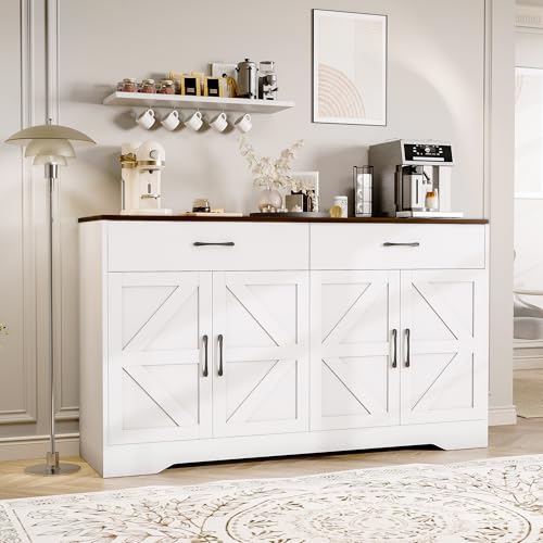White 55" Wood Sideboard Buffet Cabinet with Drawers and Doors Z525