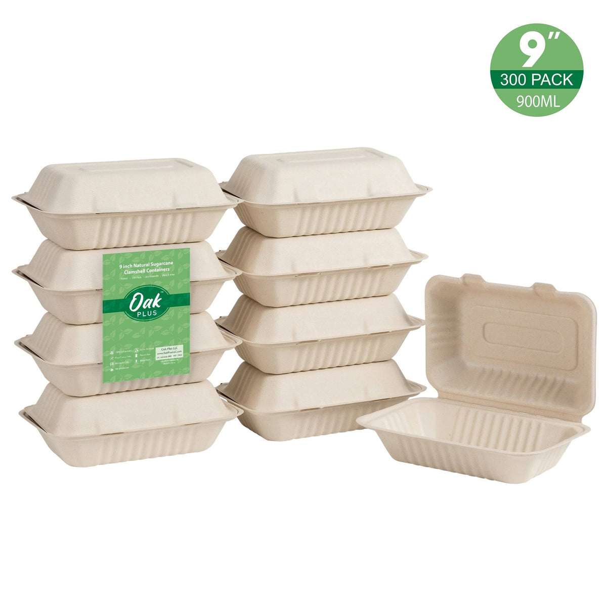 9 inch Compostable Disposable Sugarcane Clamshell Containers, 300 Pack H83017
