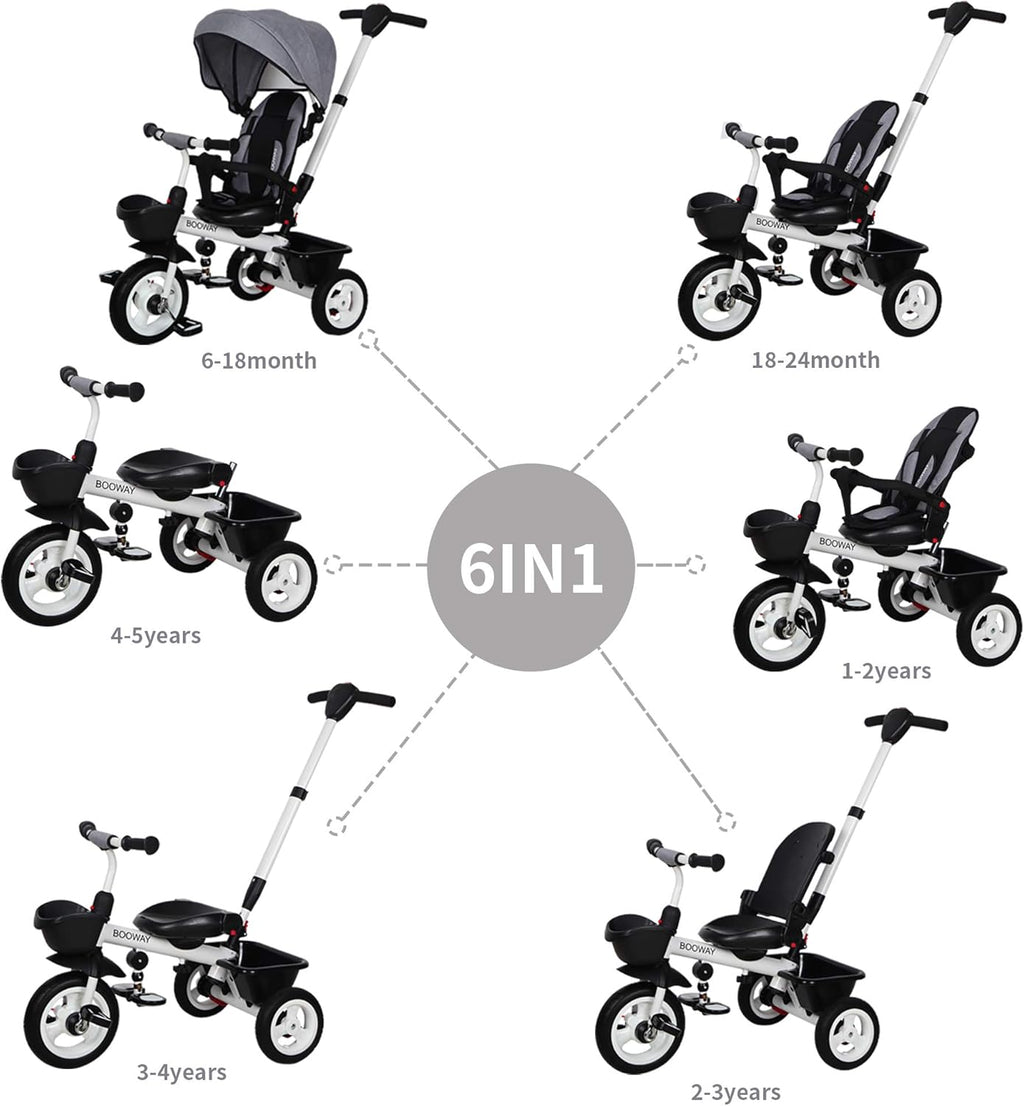 6-in-1 Kids Stroller Tricycle with Adjustable Push Handle, Removable Canopy, Safety Harness T7501