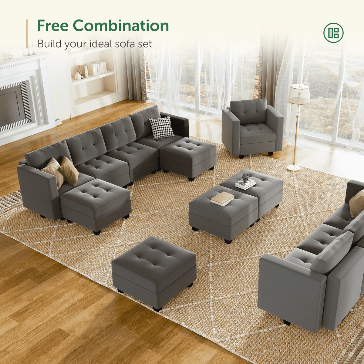 Velvet Tufted Sectional Sleeper Sofa with Storage Ottomans L523