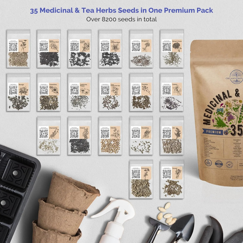 Medicinal & Tea Herb Seeds Variety Pack, 8200+ Non-GMO Heirloom E74979