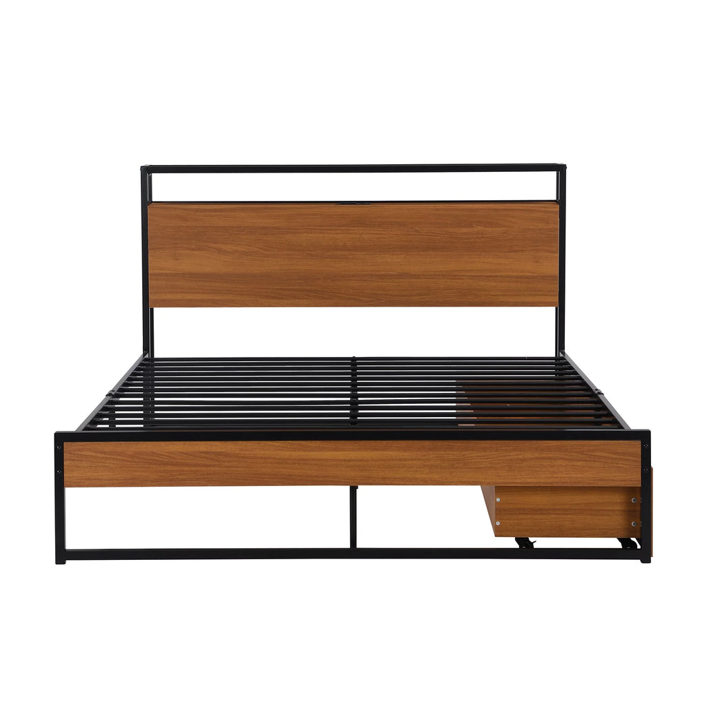 Black Queen Size Metal Platform Bed Frame with Wood Headboard and 2 Drawers A352813