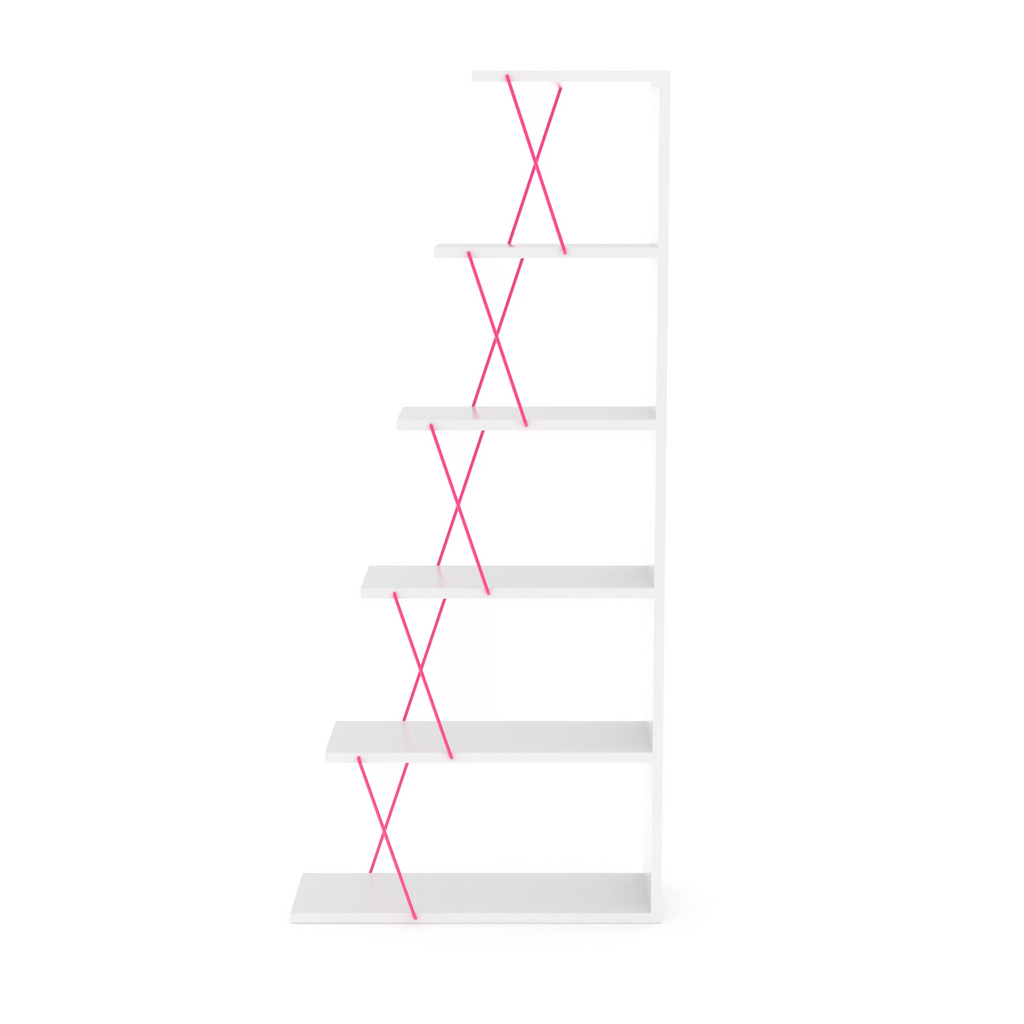 Modern 5 Tier Ladder Bookshelf, White/Pink Q5567