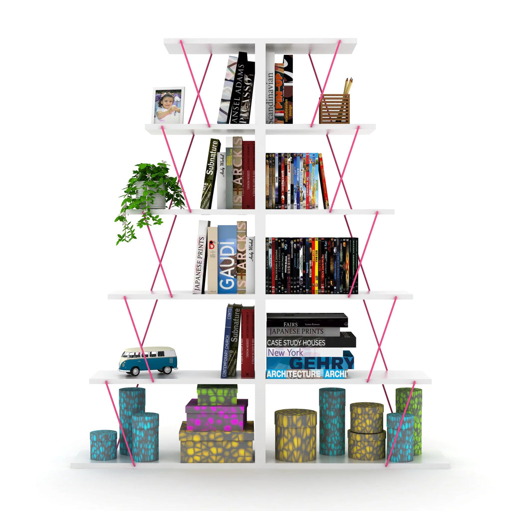 Modern 5 Tier Ladder Bookshelf, White/Pink Q5567