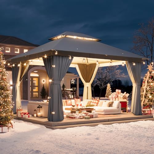 10'x12' Beige Outdoor Patio Gazebo with Mosquito Nettings and Privacy Screens Q971