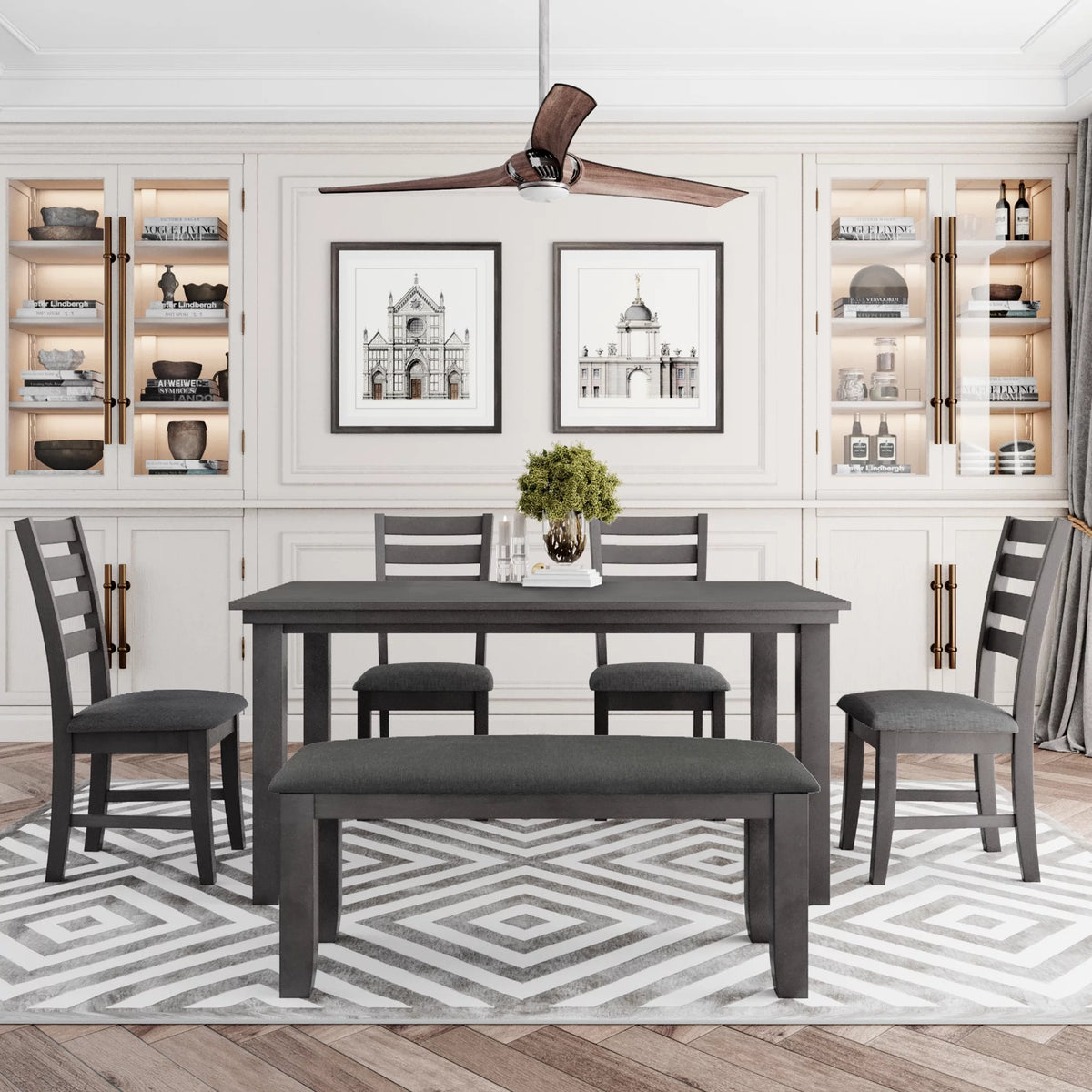Gray Wood Dining Table and Chairs with Bench V375809