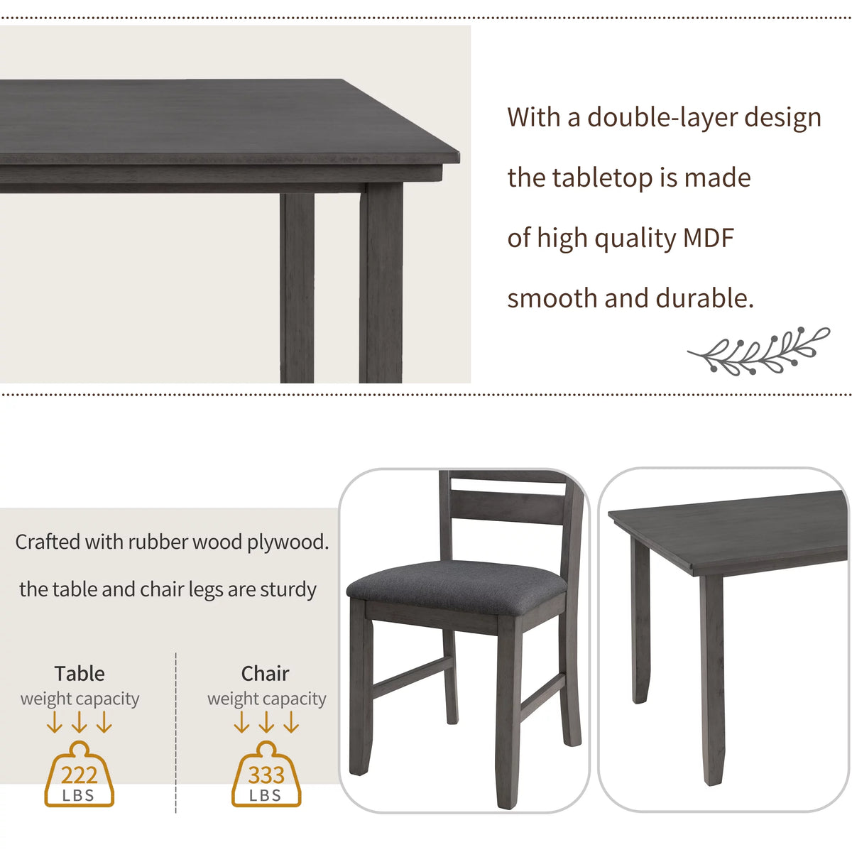 Gray Wood Dining Table and Chairs with Bench V375809
