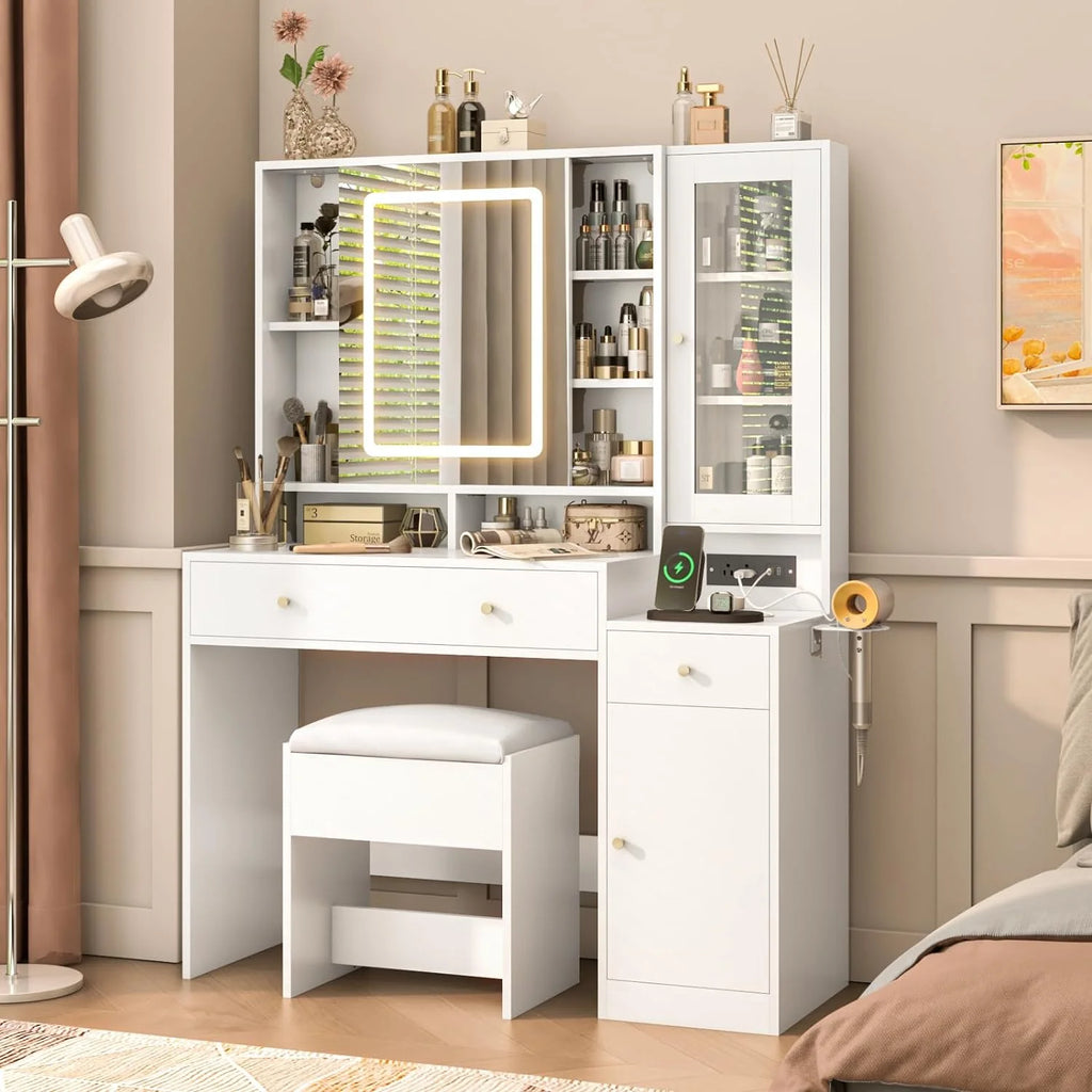 White Vanity Desk with Sliding Mirror and Lights Q252