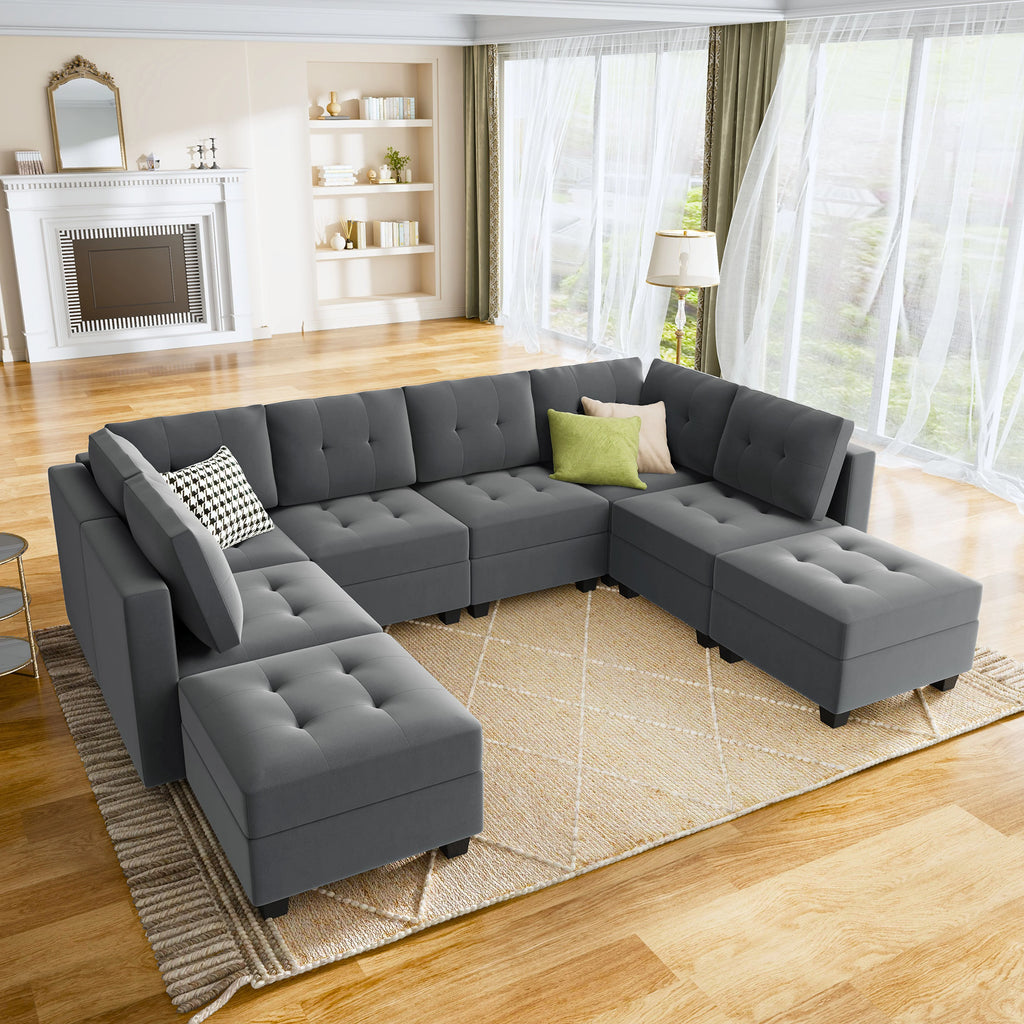 Velvet Tufted Sectional Sleeper Sofa with Storage Ottomans L523