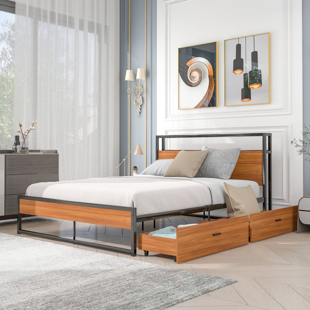 Black Queen Size Metal Platform Bed Frame with Wood Headboard and 2 Drawers A352813