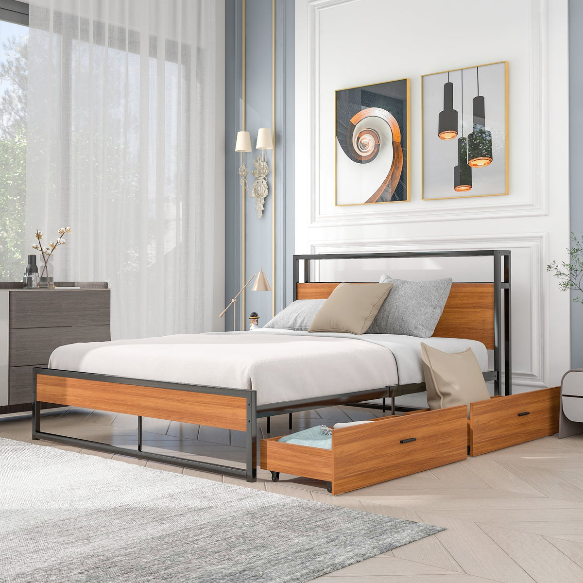 Black Queen Size Metal Platform Bed Frame with Wood Headboard and 2 Drawers A352813