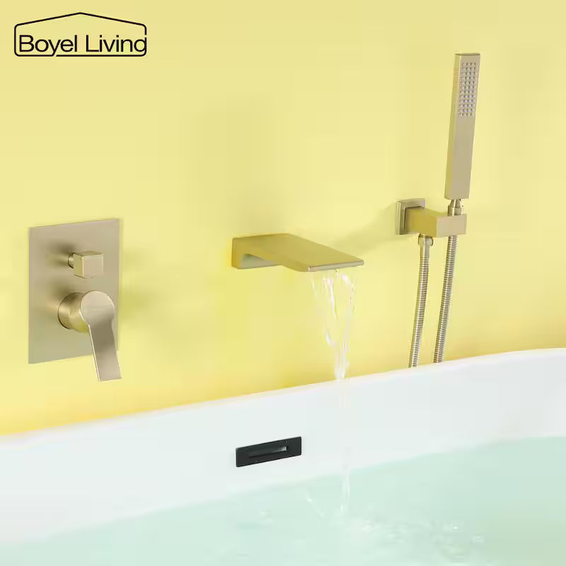 Brushed Gold Wall Mount Roman Tub Faucet with Hand Shower F9886