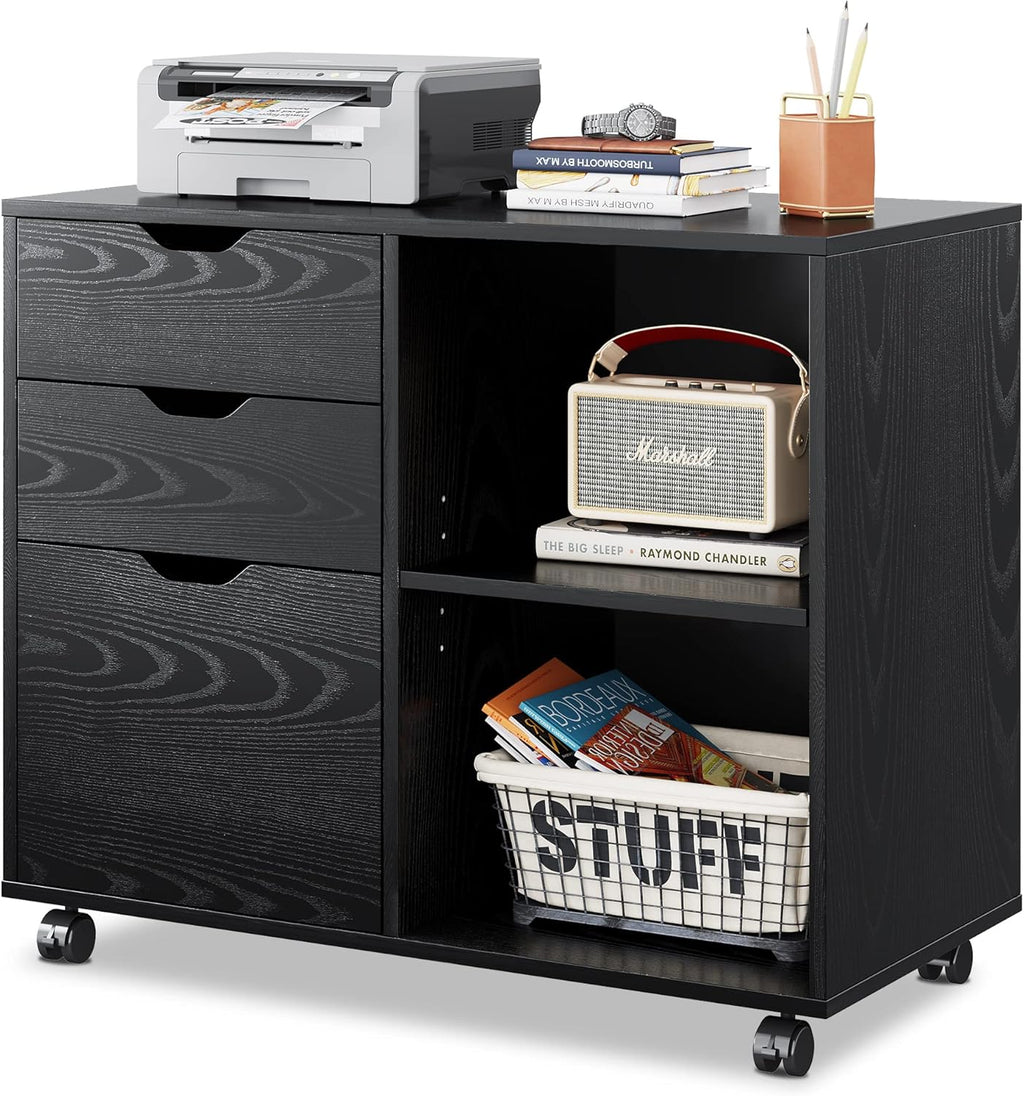 White 3-Drawer Wood Mobile File Cabinet with Storage Shelves W4296