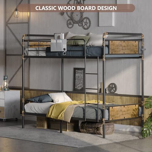 2 IN 1 Metal Bunk Bed Twin Over Twin, Convertible into 2 Individual Twin Size Bed, Vintage Brown U874495