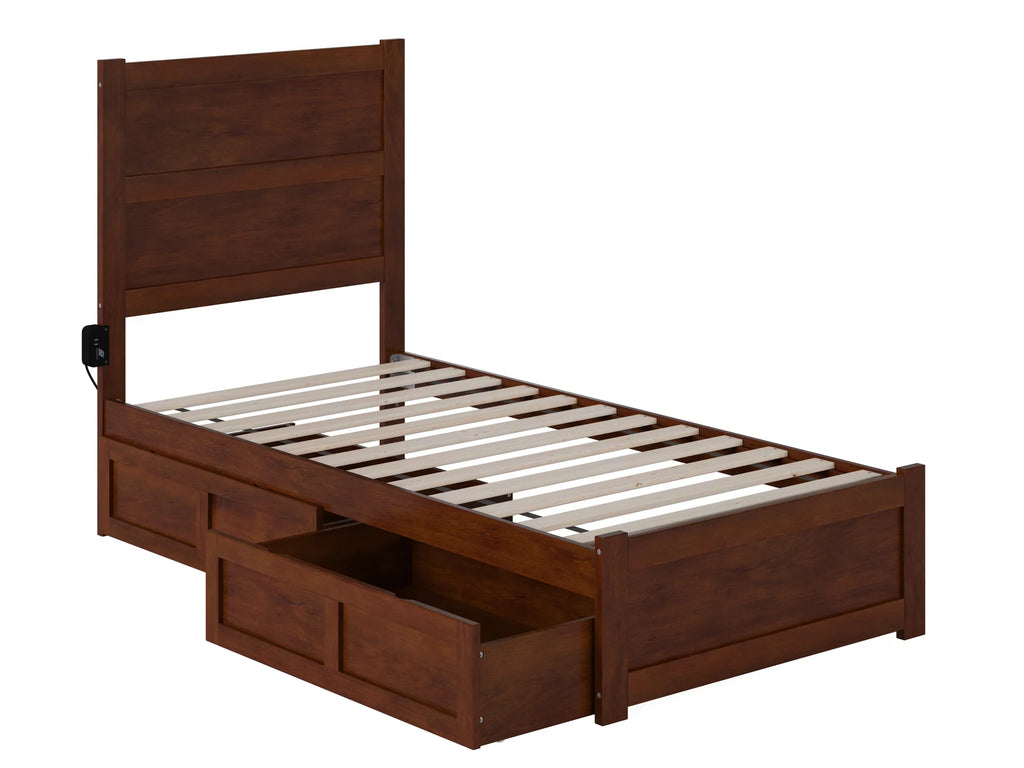 Twin Wood Platform Bed with Headboard Footboard & 2 Storage Drawers, Walnut X165