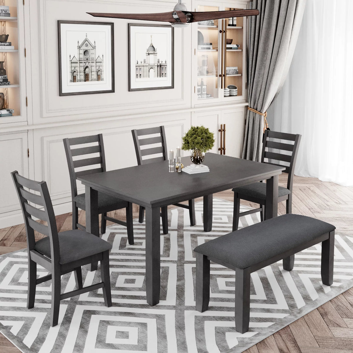 Gray Wood Dining Table and Chairs with Bench V375809