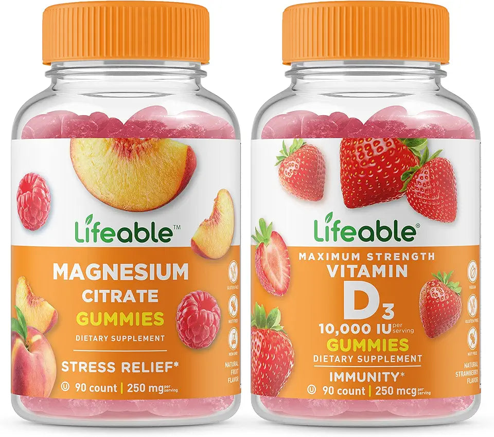 Magnesium 85mg Vitamin D 10000 IU Gummies Bundle Gluten Free GMO Free Chewable Gummy Vitamin Supplement J49129