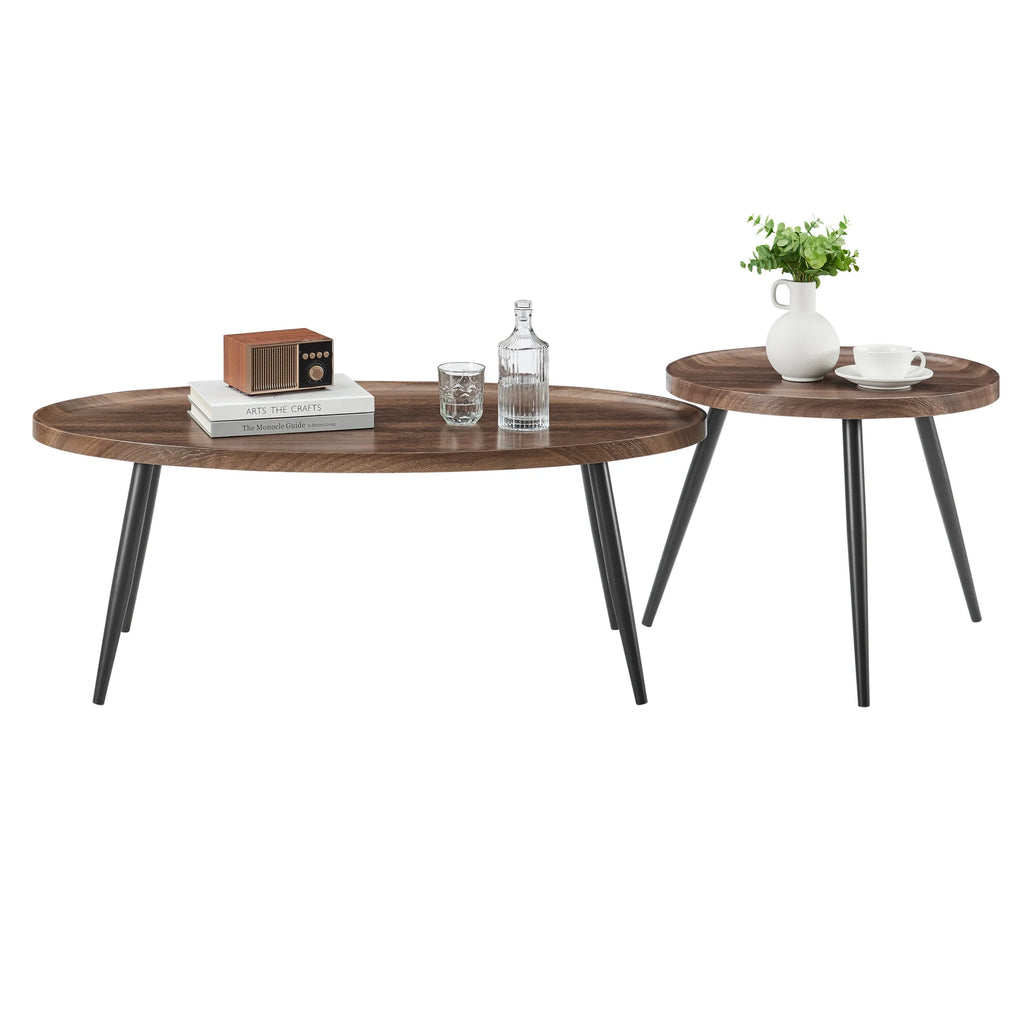 2 Piece Walnut Coffee Table Set with Black Metal Legs A31028