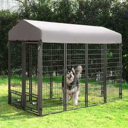 Outdoor Dog Kennel with Rotating Feeding Door and Cover A888300