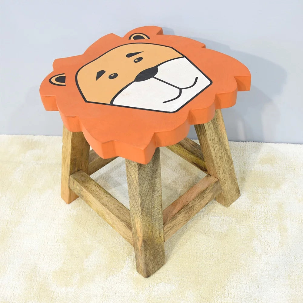 Handmade Mango Wood Orange Lion Shaped Stool P825736