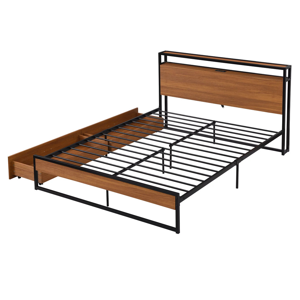 Black Queen Size Metal Platform Bed Frame with Wood Headboard and 2 Drawers A352813