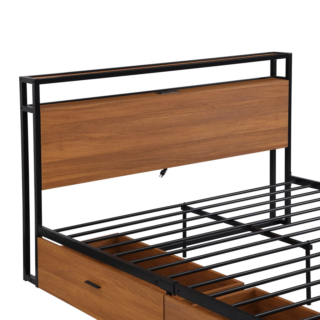 Black Queen Size Metal Platform Bed Frame with Wood Headboard and 2 Drawers A352813