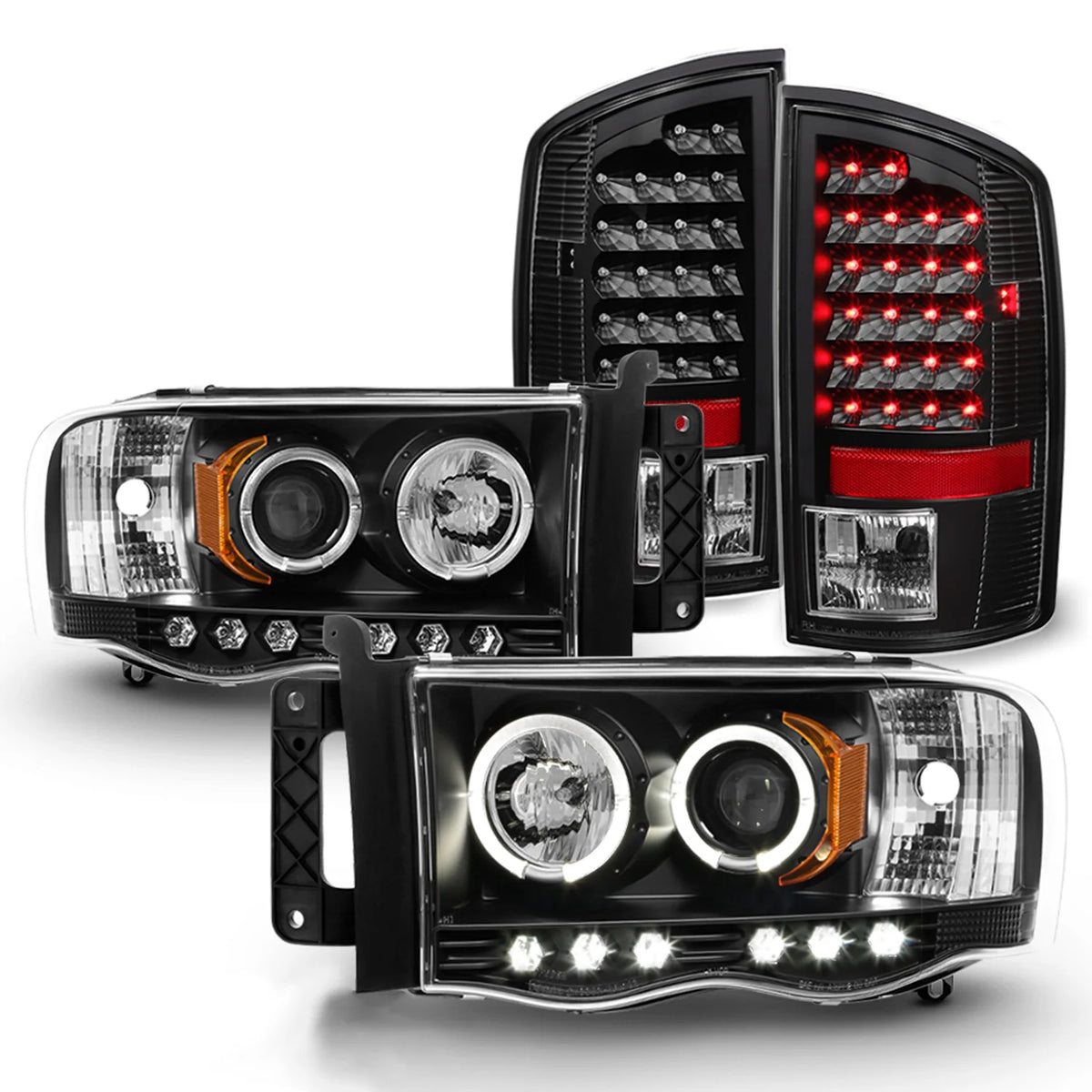 Black Housing Dual Halo DRL Projector LED Headlights + Tail Lamps V15653
