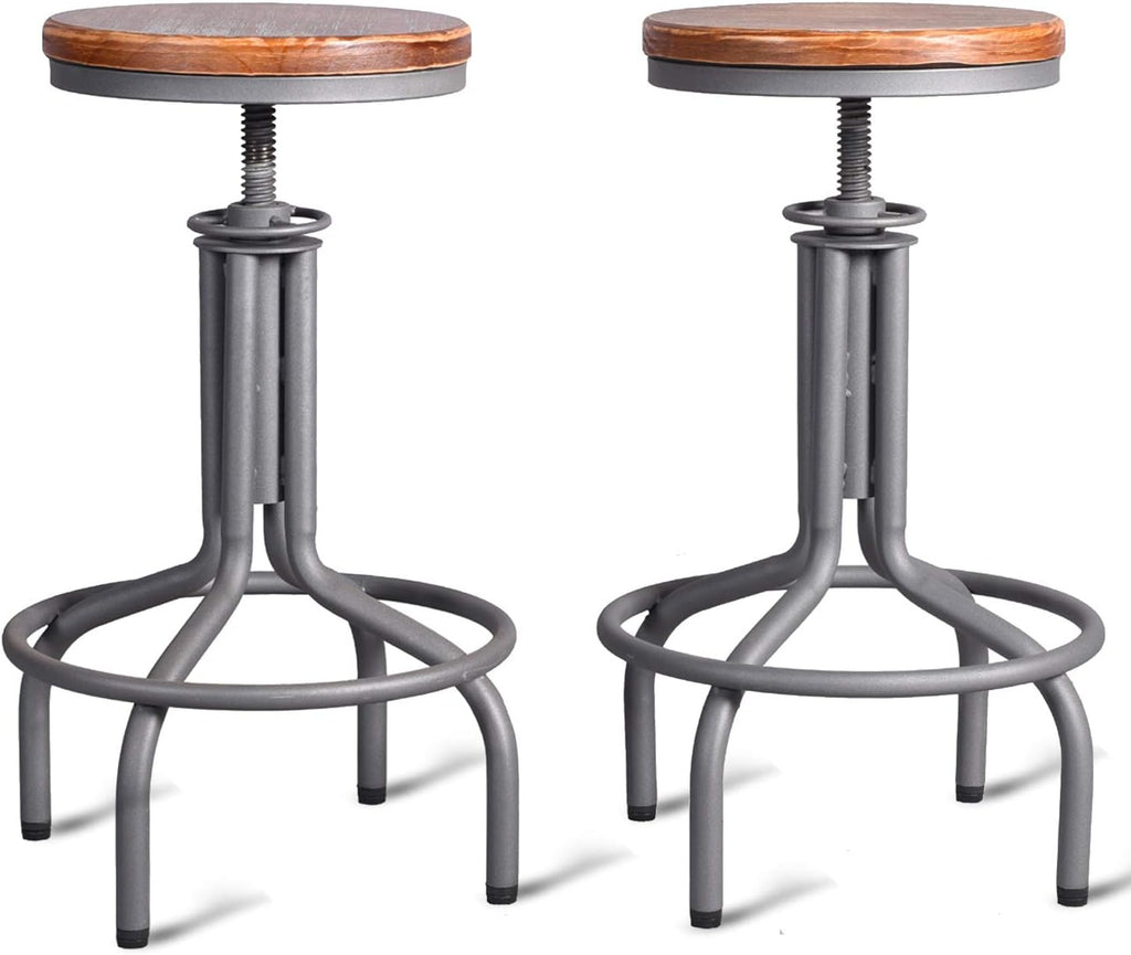 Metal Adjustable Height Bar Stool Set of 2 Black Wooden Top V393486