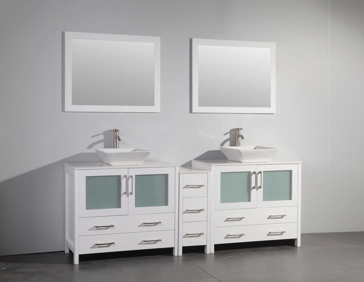 84 in. Double Sink Vanity Cabinet with Ceramic Vessel Sink & Mirror White X3642
