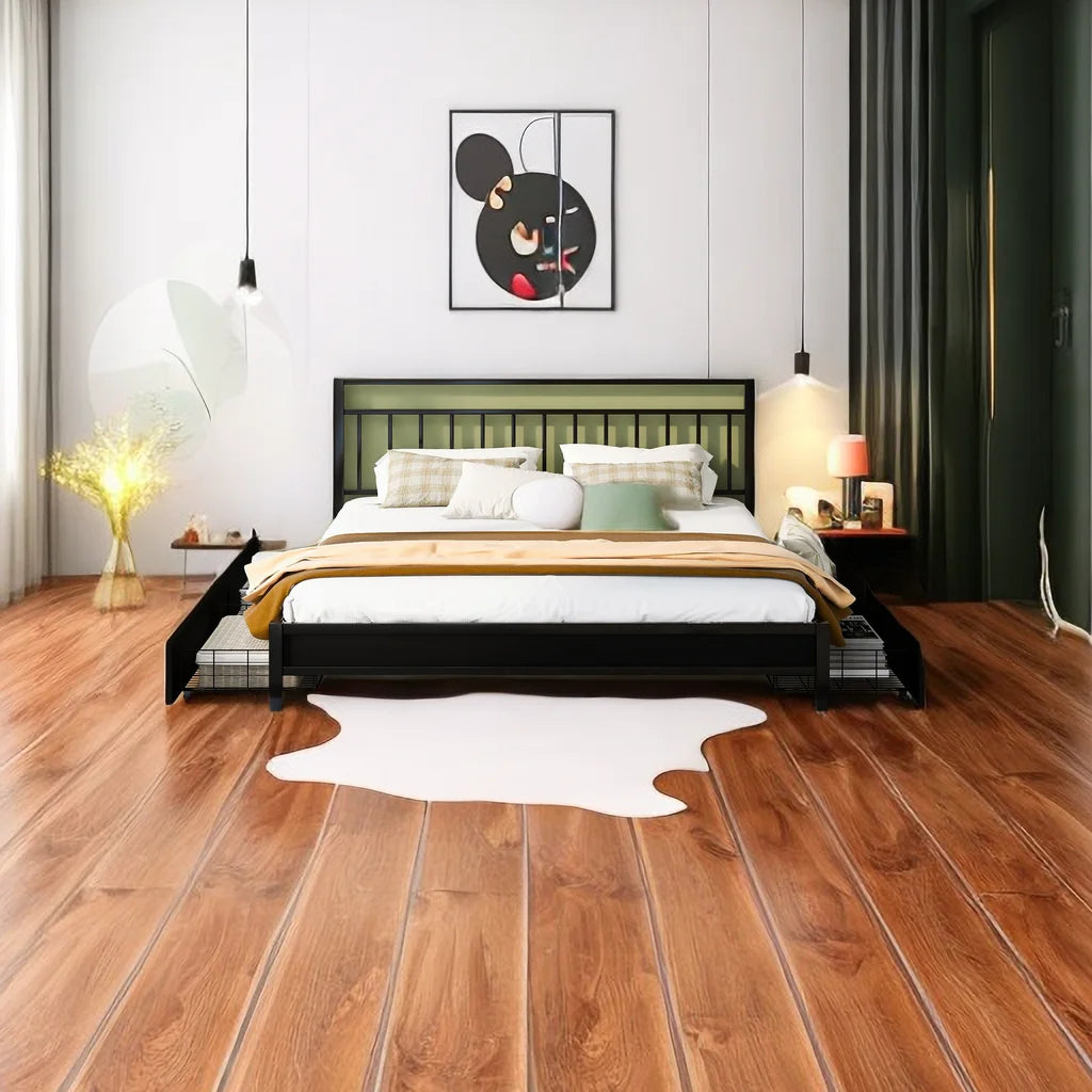 King Size Metal Platform Bed Frame with Storage Headboard and 4 Drawers J6370