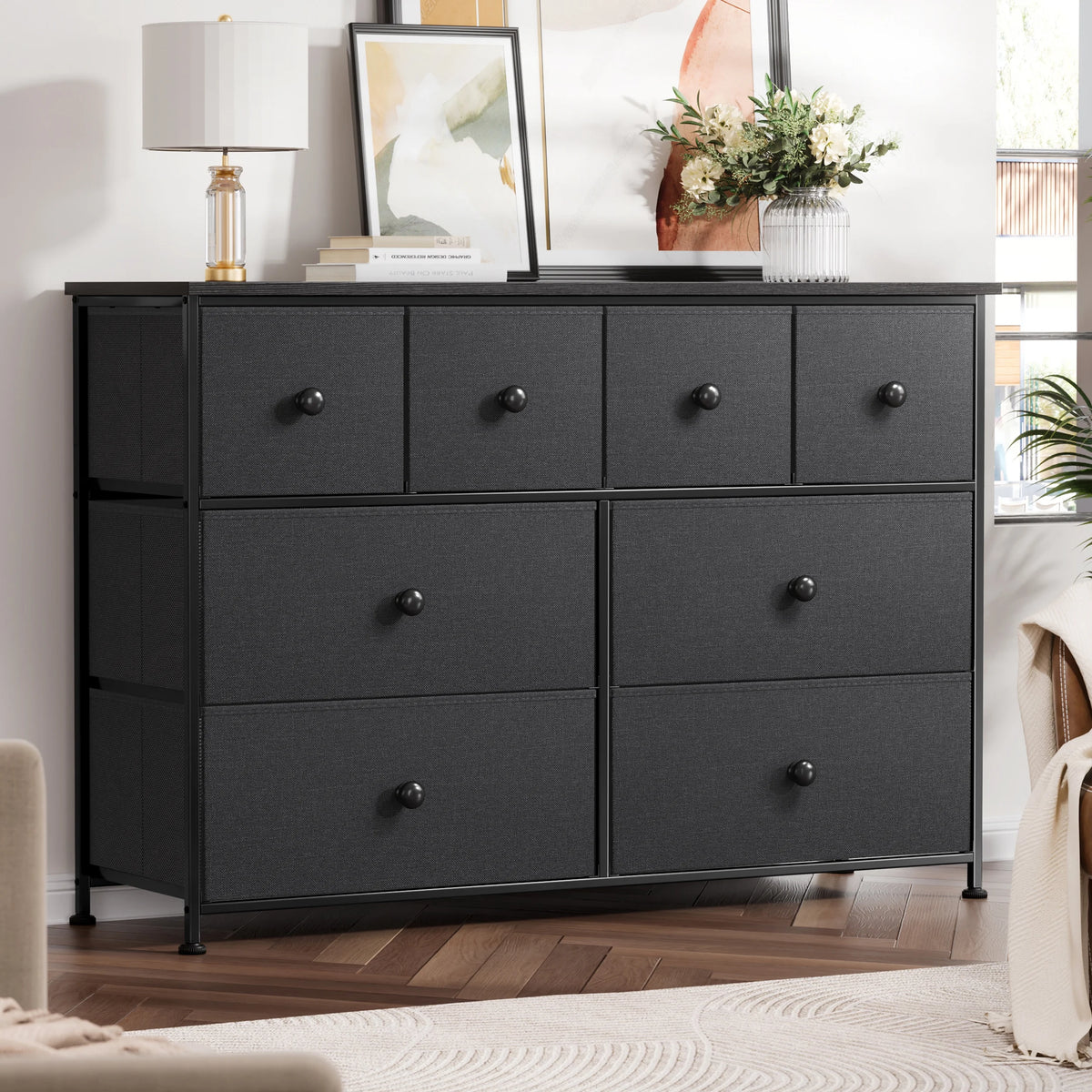 8 Drawer Fabric Dresser with Steel Frame and Wooden Top I31453