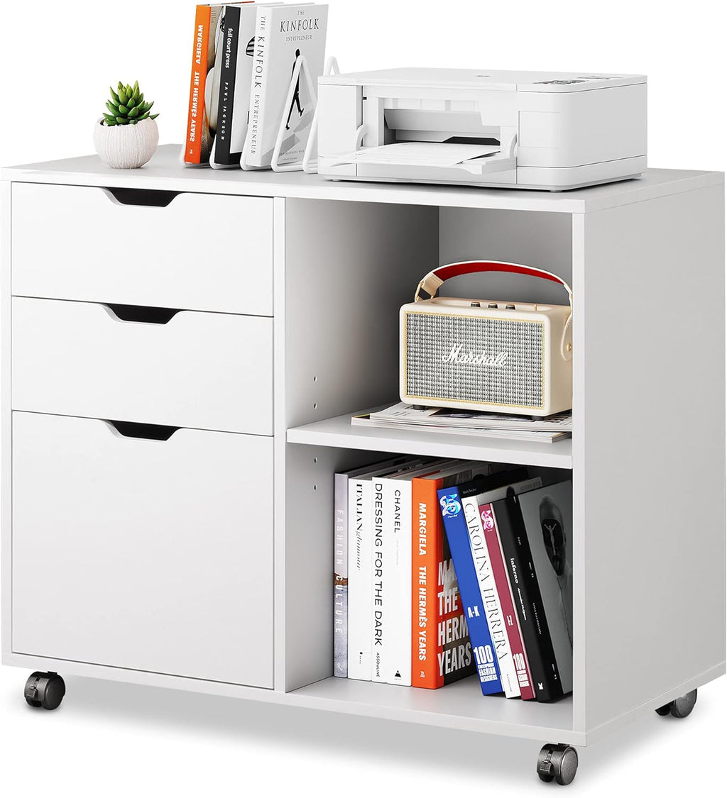 White 3-Drawer Wood Mobile File Cabinet with Storage Shelves W4296